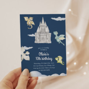 Invitación Magical Castle Cute Dragons Niños cumpleaños Azul