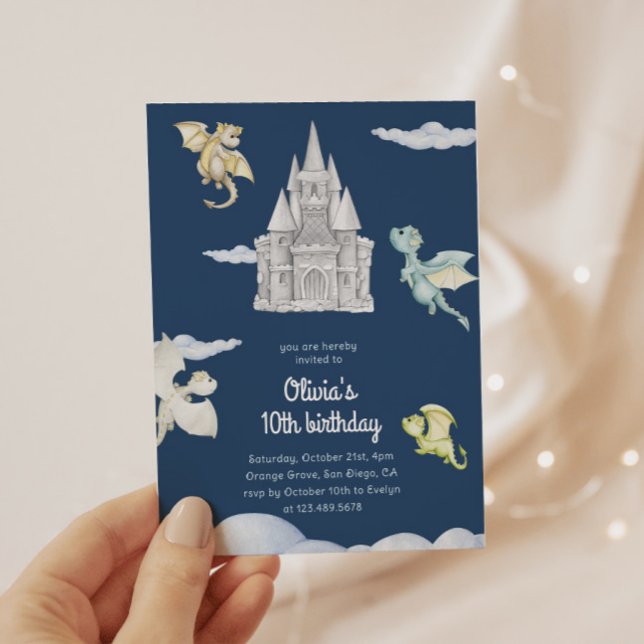 Invitación Magical Castle Cute Dragons Niños cumpleaños Azul (Subido por el creador)