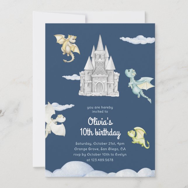 Invitación Magical Castle Cute Dragons Niños cumpleaños Azul (Anverso)