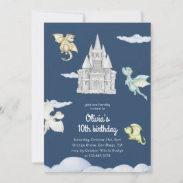 Invitación Magical Castle Cute Dragons Niños cumpleaños Azul