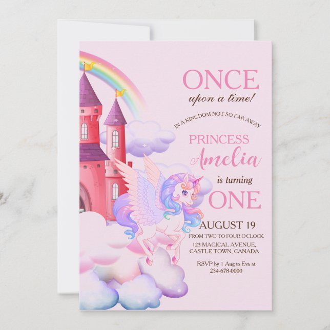 Invitación Magical Castle Pink Unicornios 1er cumpleaños de l (Anverso)