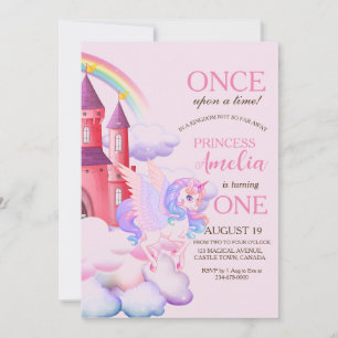 Invitación Magical Castle Pink Unicornios 1er cumpleaños de l