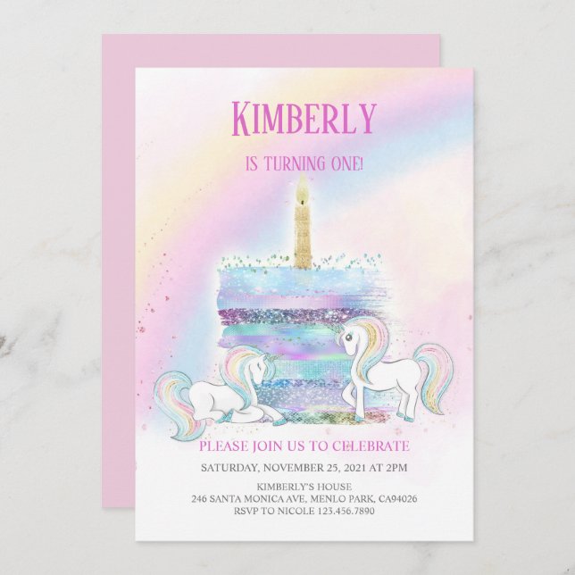 Invitación Magical Castle Unicorn Princesa Rosa Primer cumple (Anverso / Reverso)