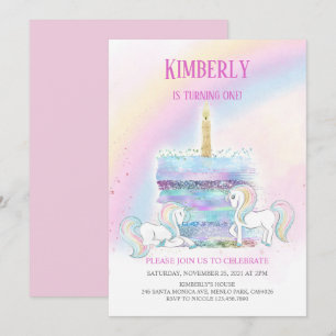 Invitación Magical Castle Unicorn Princesa Rosa Primer cumple