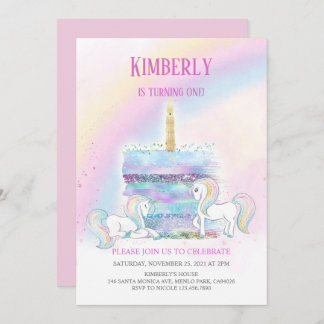 Invitación Magical Castle Unicorn Princesa Rosa Primer cumple