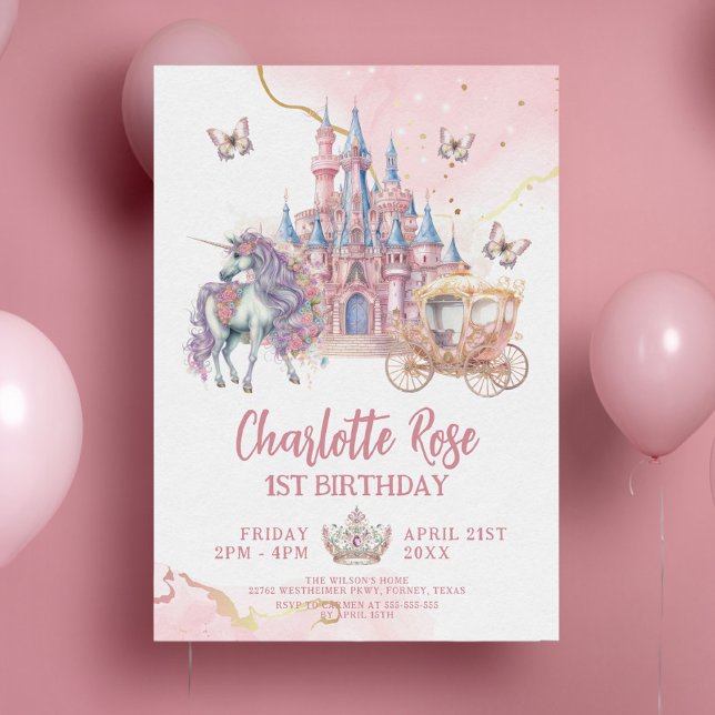 Invitación Magical Castle Unicorn Princesa Rosa Primer cumple (Subido por el creador)