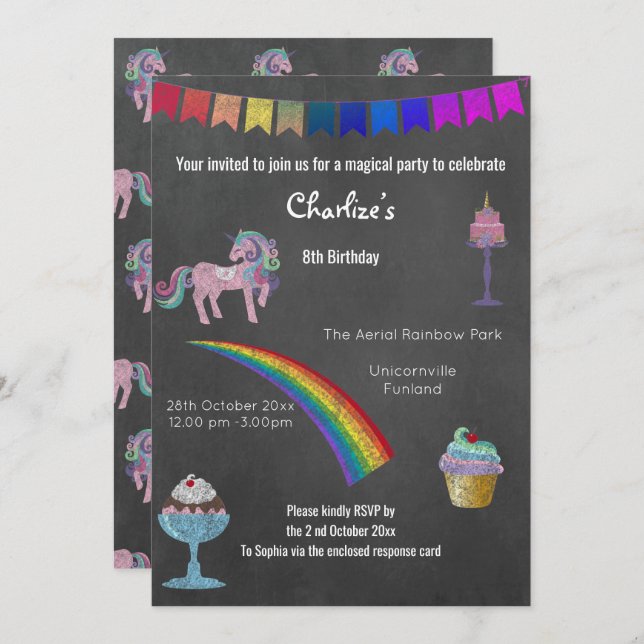 Invitación Magical Chalkboard Unicorn Dulce fiesta de cumplea (Anverso / Reverso)