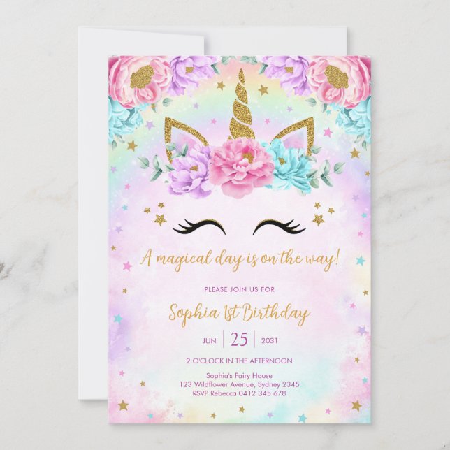 Invitación Magical Day Unicorn and Rainbows Birthday (Anverso)