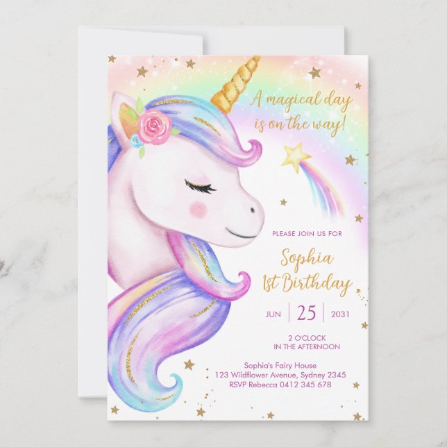 Invitación Magical Day Unicorn and Rainbows Birthday (Anverso)