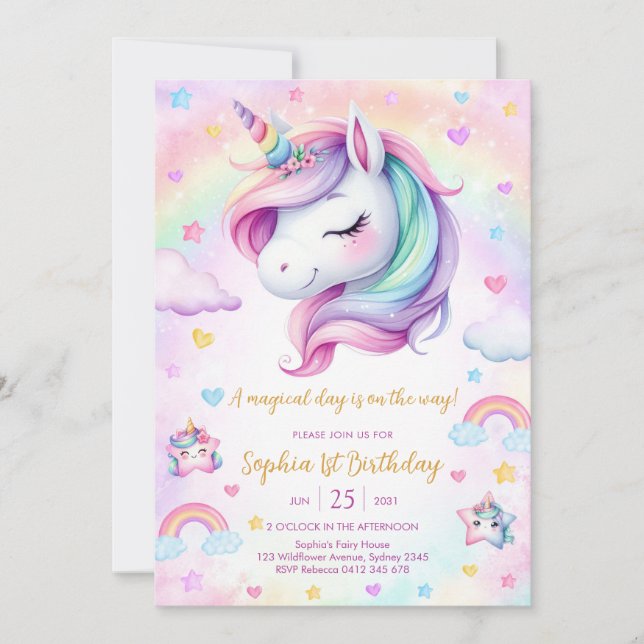 Invitación Magical Day Unicorn and Rainbows Birthday (Anverso)