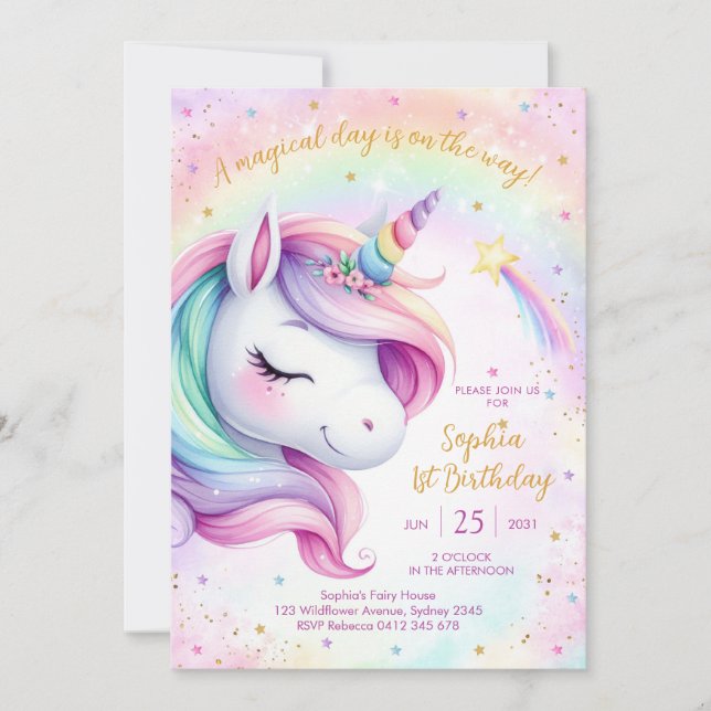 Invitación Magical Day Unicorn and Rainbows Birthday (Anverso)