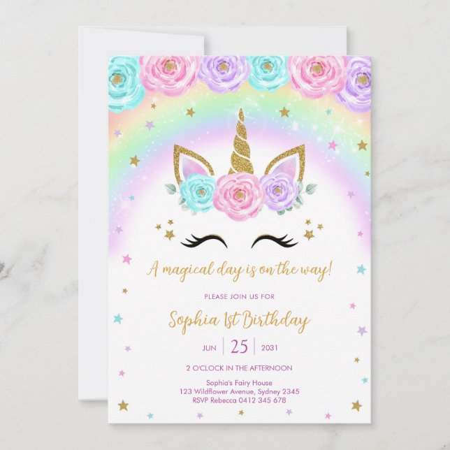 Invitación Magical Day Unicorn and Rainbows Birthday (Anverso)