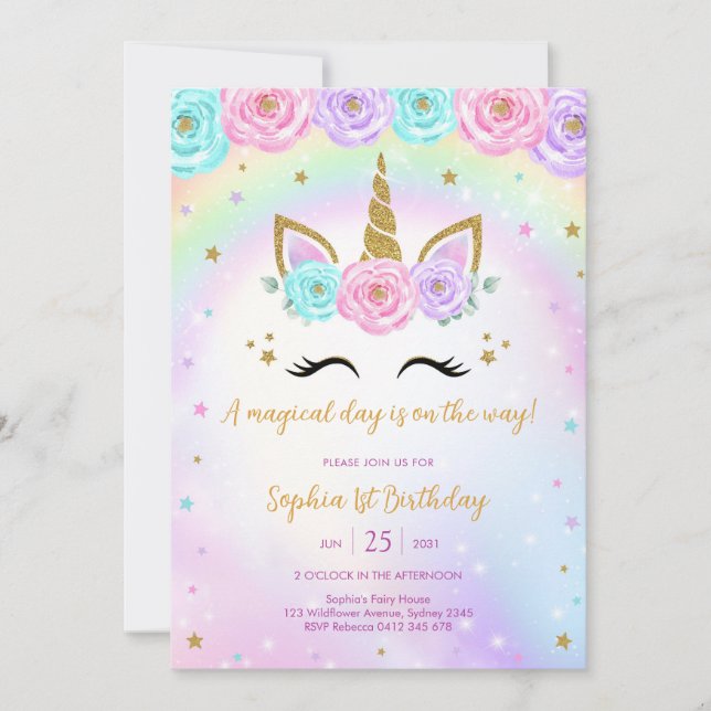 Invitación Magical Day Unicorn and Rainbows Birthday (Anverso)