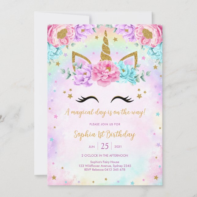 Invitación Magical Day Unicorn and Rainbows Birthday (Anverso)