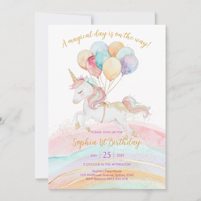 Invitación Magical Day Unicorn and Rainbows Birthday (Anverso)