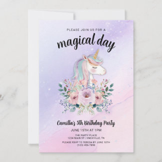 Invitación Magical Day Unicorns and Flowers Birthday Party
