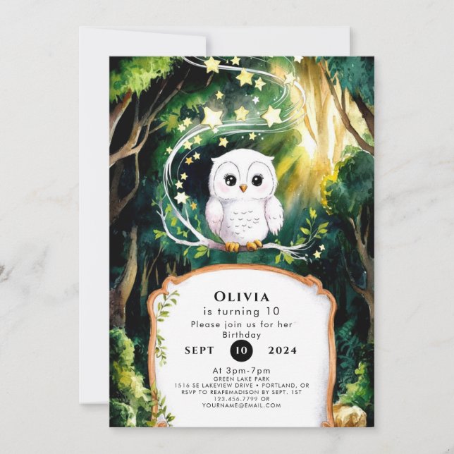 Invitación Magical en el cumpleaños de la lechuza de Woods (Anverso)