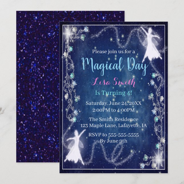 Invitación Magical Fairy Blue Starry Night Party (Anverso / Reverso)