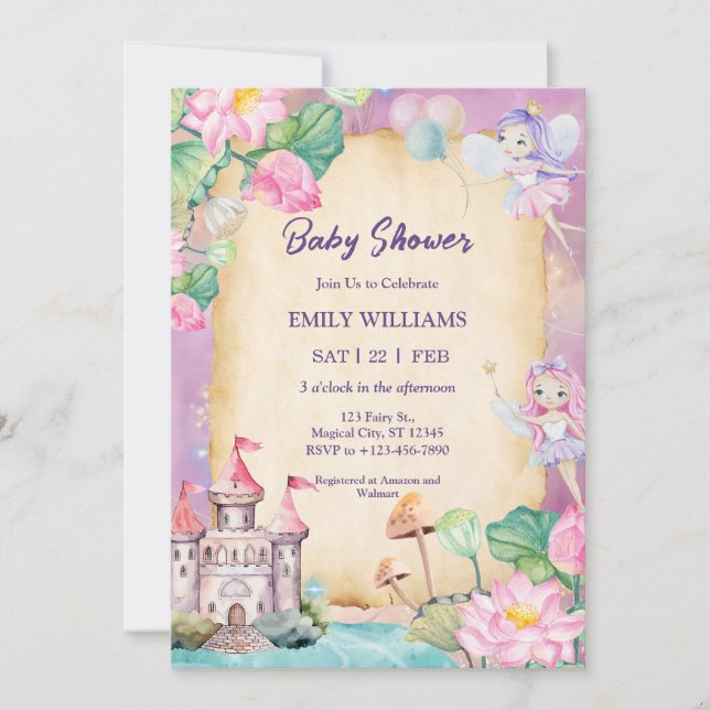 Invitación Magical Fairy Garden Princess Castle Baby Shower (Anverso)
