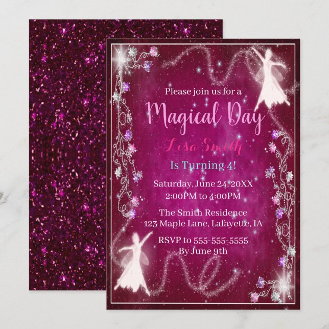 Invitación Magical Fairy Pink Starry Night Party (Anverso / Reverso)