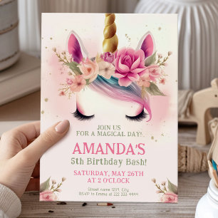 Invitación Magical fiesta de cumpleaños de unicornio con flor