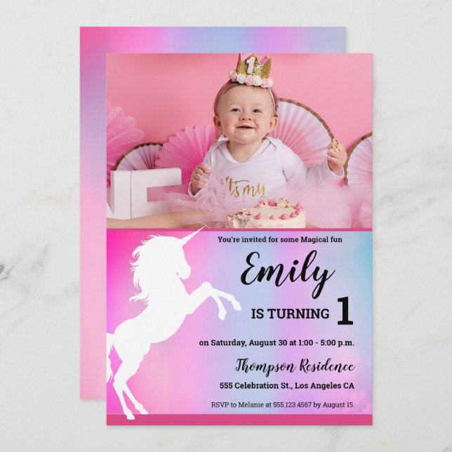 Invitación Magical foto de Personalizado rosa unicornio de pr (Anverso / Reverso)