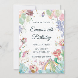 Invitación Magical Mermaids Unicorns Rainbows Kids Birthday