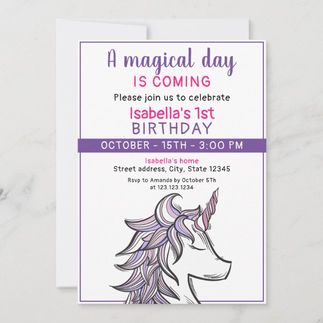 Invitación Magical morado unicornio primer Fiesta de cumpleañ (Anverso)