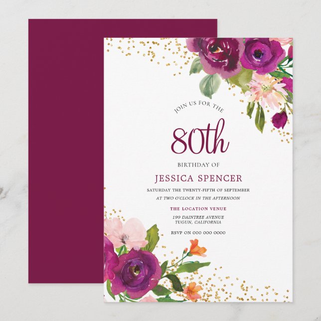 Invitación Magical Pink Floral 80th Birthday Invitation (Anverso / Reverso)