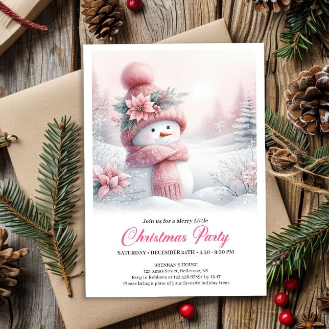 Invitación Magical Pink Snowman Editable Kids Christmas Party (Magical Pink Snowman Editable Kids Christmas Party Invite)