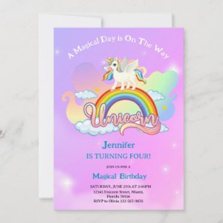 Invitación Magical Rainbow and Unicorn Birthday pink purple