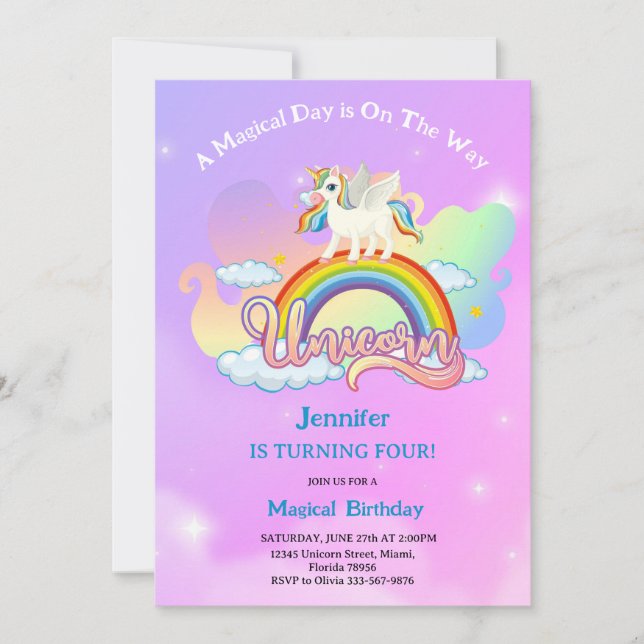 Invitación Magical Rainbow and Unicorn Birthday pink purple (Anverso)