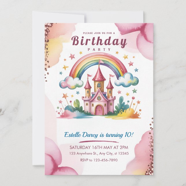 Invitación Magical Rainbow Castle 10th Birthday Invitation (Anverso)