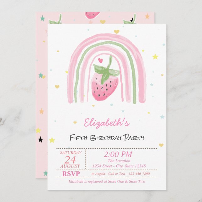 Invitación Magical Rainbow Strawberry Stars Birthday  (Anverso / Reverso)