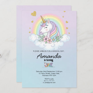 Invitación Magical Rainbow Unicorn 1st Birthday Invitation
