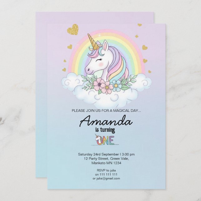 Invitación Magical Rainbow Unicorn 1st Birthday Invitation (Anverso / Reverso)