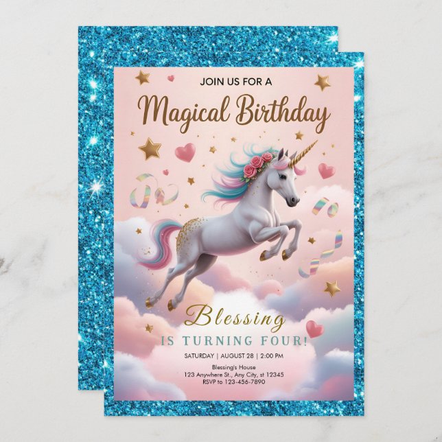 Invitación Magical Rainbow Unicorn 4th Birthday (Anverso / Reverso)