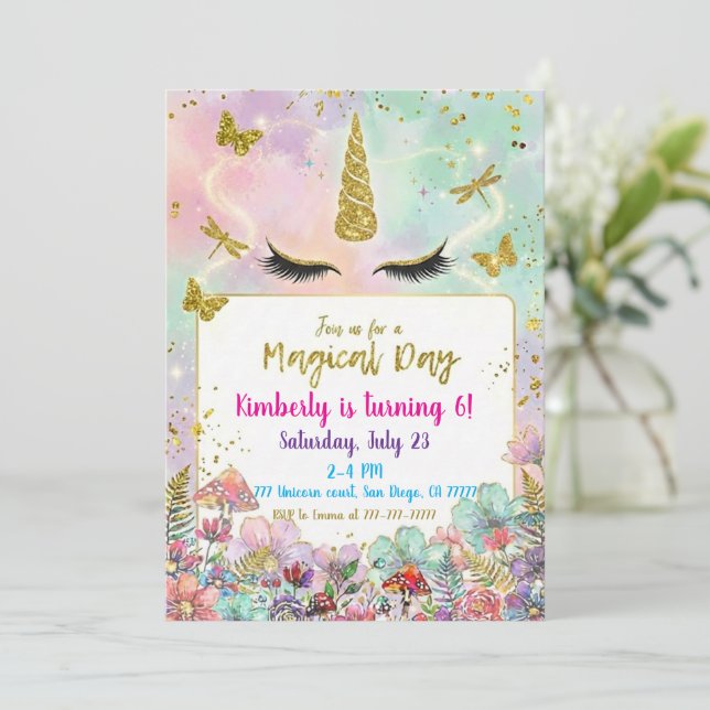Invitación Magical Rainbow Unicorn Birthday Invitations (Anverso de pie)