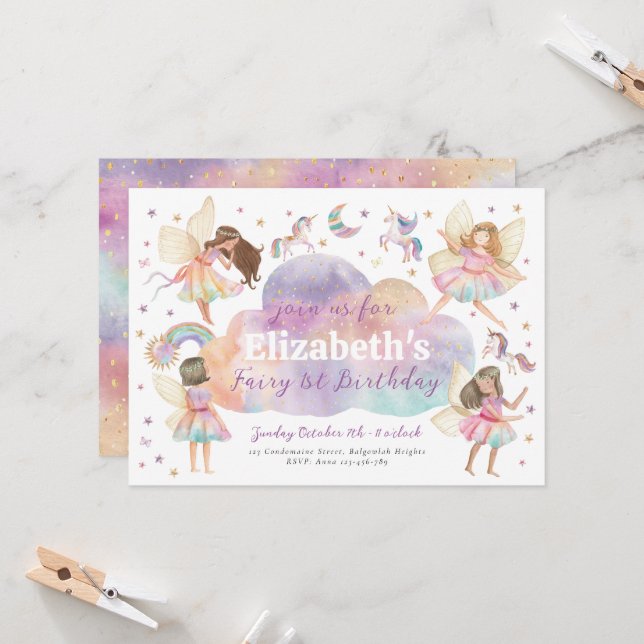 Invitación Magical Rainbow Unicorn Fairy First Birthday (Anverso/Reverso In Situ)