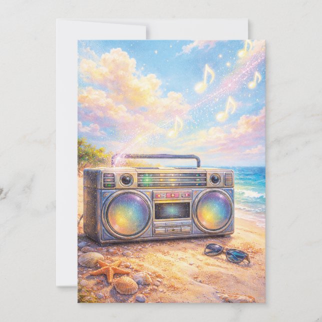 Invitación Magical Retro Boombox Playing Music On Beach (Anverso)