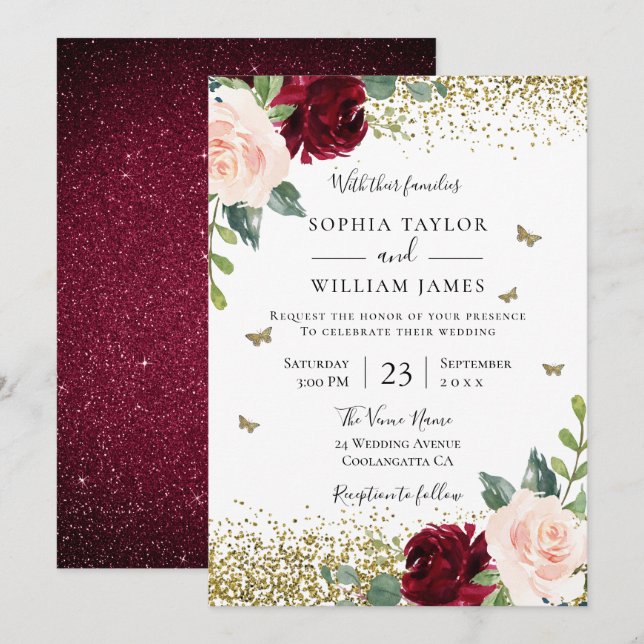 Invitación Magical Rubor & Burgundy Red Floral Spring Wedding (Anverso / Reverso)