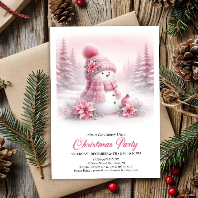 Invitación Magical Snowy Pink Coquette Snowman Editable Kids  (Magical Snowy Pink Coquette Snowman Editable Kids Invite)