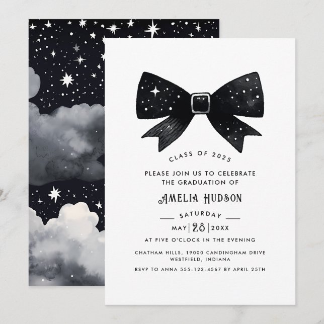 Invitación Magical Stars Black Bow Graduation Party (Anverso / Reverso)