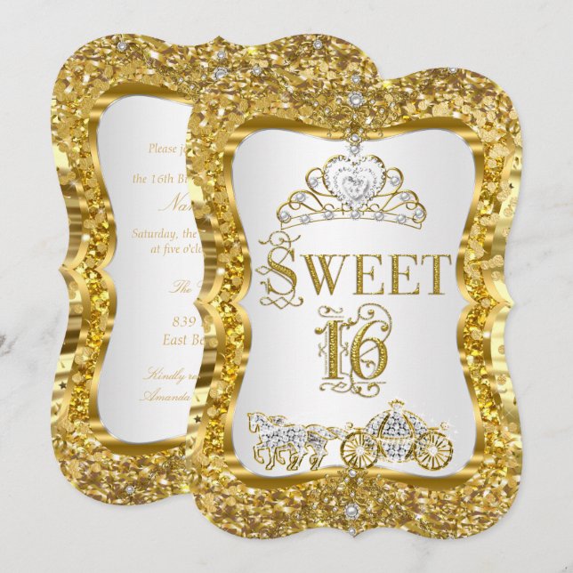 Invitación Magical Tiara Princess Sweet 16 Gold White Invite (Anverso / Reverso)