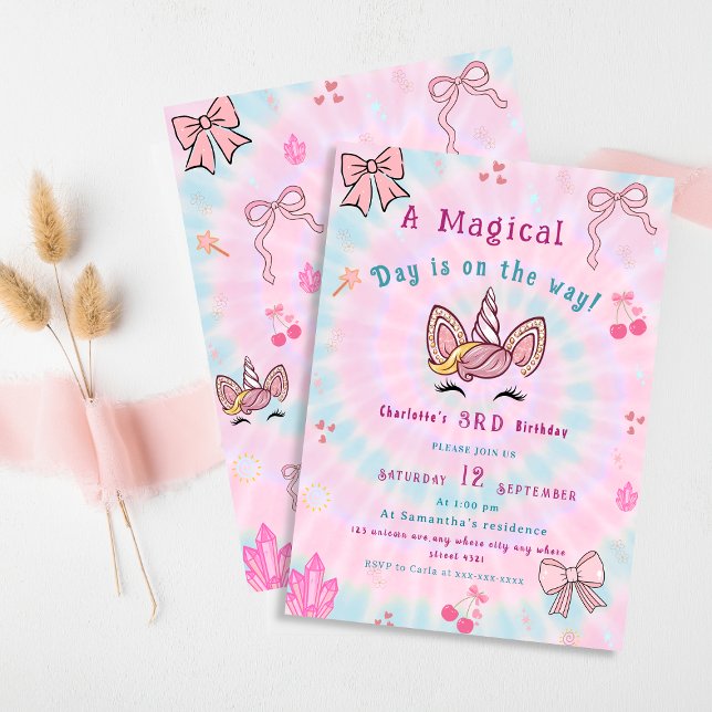 Invitación Magical Tie Dye Unicorn Coquette Bow Birthday (Subido por el creador)