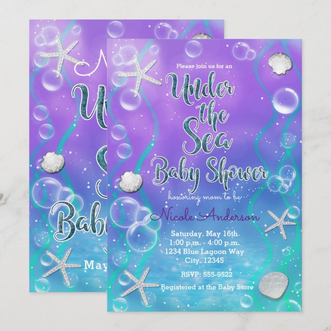 Invitación Magical Under Sea Purple Verde azulada Baby Shower (Anverso / Reverso)