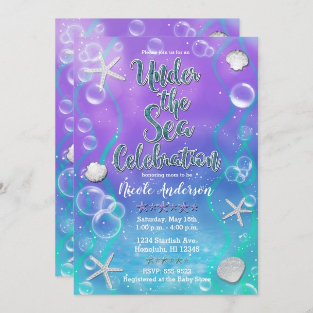 Invitación Magical Under Sea Purple Verde azulada Baby Shower (Anverso / Reverso)
