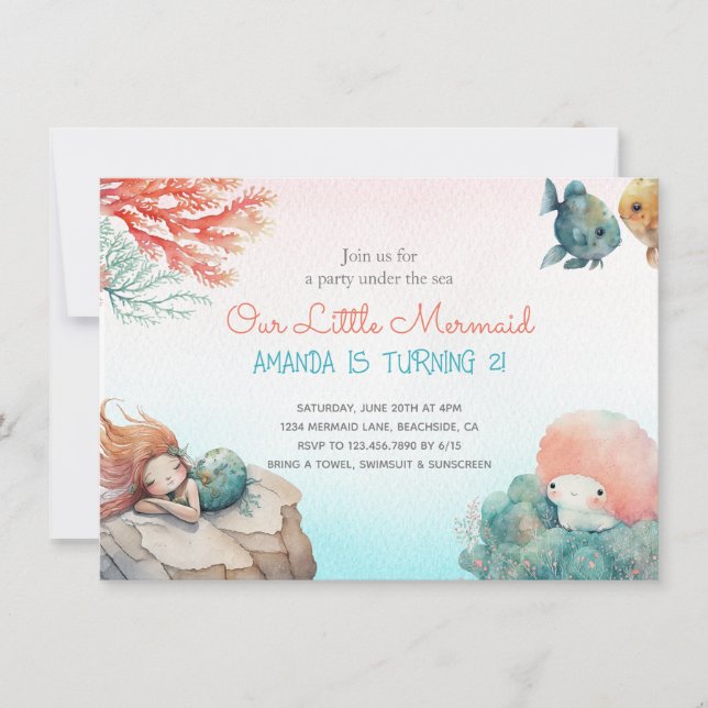 Invitación Magical Under Sea Watercolor Birthday (Anverso)