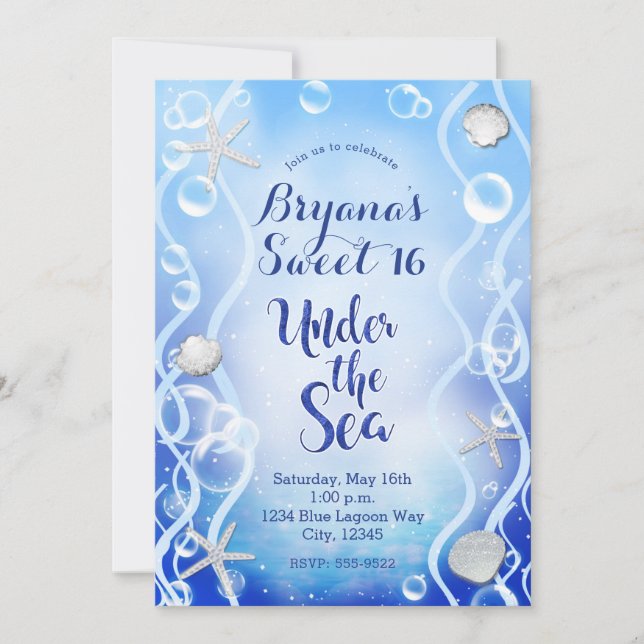 Invitación Magical Under The Sea Blue Fade Sweet 16 Cumpleaño (Anverso)
