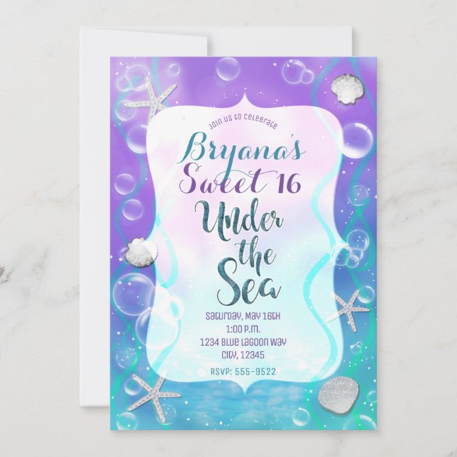 Invitación Magical Under The Sea Purple Verde azulada Sweet 1 (Anverso)
